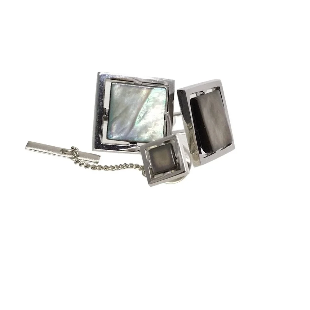 Sarah Coventry Square Abalone Cufflinks Tie Tack Silver Tone Lapel Pin Shell Mod